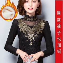 2017 new winter Korean Liling Beaded long sleeved slim slim shirt fashion lace shirt size coat 3XL Black velvet