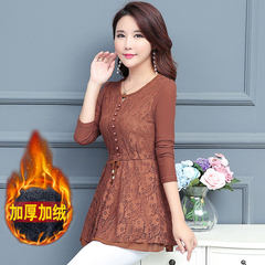 Long sleeved lace dress shirt in autumn and winter in the long section of gauze plus velvet wear jacket shirt all-match thickening 3XL Caramel thickening