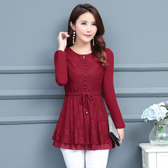 Long sleeved lace dress shirt in autumn and winter in the long section of gauze plus velvet wear jacket shirt all-match thickening 3XL Wine red routine