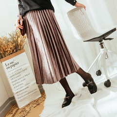 QM velvet skirt in the long section of the metal color in autumn and winter dress skirt female organ pleated skirt Korean a A-line skirt 2.7 meters skirt, lined, size Light coffee