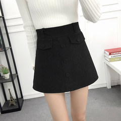 Wool pleated skirt female waist A elastic short skirt student 2017 new winter black skirt. XL recommends 110-125 catties Black button