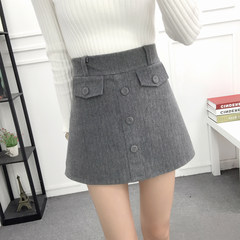 Wool pleated skirt female waist A elastic short skirt student 2017 new winter black skirt. XL recommends 110-125 catties Button grey