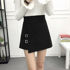 Wool pleated skirt female waist A elastic short skirt student 2017 new winter black skirt. XL recommends 110-125 catties Square buckle black