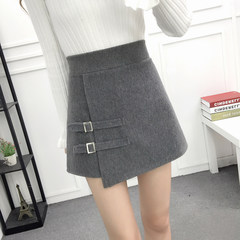 Wool pleated skirt female waist A elastic short skirt student 2017 new winter black skirt. XL recommends 110-125 catties Square buckle grey