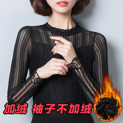 New winter with cashmere thickened gauze bottoming shirt female long sleeve slim slim black lace top fashion sweater 3XL Black velvet