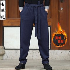 Winter Chinese style pants, men's pants, linen leisure thickening, cashmere trousers, loose big yards, small feet, Haren, knickers, Chinese style M black