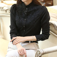 With the new winter sweater cashmere lace blouse thickening Korean long sleeved chiffon shirt slim turtleneck jacket backing 3XL Black without velvet