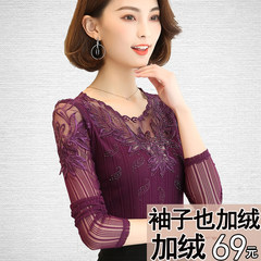 With a long sleeved 2017 shirt cashmere female new autumn and winter coat thick hollow small shirt collar lace shirt. 3XL Purple plus velvet