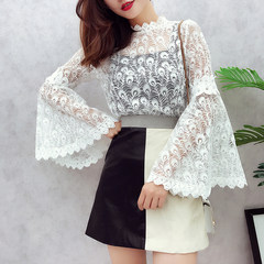 2017 autumn new female fashion T-shirt sleeve hook flower lace sleeves with hollow all-match female sling F white
