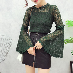 2017 autumn new female fashion T-shirt sleeve hook flower lace sleeves with hollow all-match female sling F green