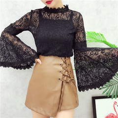 2017 autumn new female fashion T-shirt sleeve hook flower lace sleeves with hollow all-match female sling F black