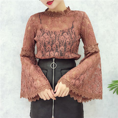 2017 autumn new female fashion T-shirt sleeve hook flower lace sleeves with hollow all-match female sling F Coffee color