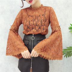 2017 autumn new female fashion T-shirt sleeve hook flower lace sleeves with hollow all-match female sling F Orange