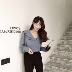 Free shipping。 [ANLI STYLE] double micro Alice scalloped collar double breasted loose shirt decorated sweet T2218 blue