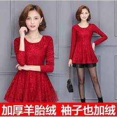 Winter 2017 large size women with cashmere sweater long sleeved lace thick warm loose in the long shirt blouse M [90 Jin to 103 Jin] Red body thickening