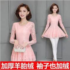Winter 2017 large size women with cashmere sweater long sleeved lace thick warm loose in the long shirt blouse M [90 Jin to 103 Jin] Pink body thickening
