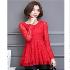 Winter 2017 large size women with cashmere sweater long sleeved lace thick warm loose in the long shirt blouse M [90 Jin to 103 Jin] Scarlet [thin money]