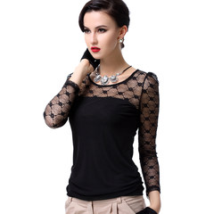 [] every day special offer lace shirt female shirt slim size V mesh collar lace hollow short coat 3XL Gun black