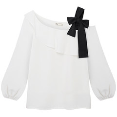 MG elephant Strapless Chiffon shirt 2017 female Hitz seven loose sleeve bow frilled blouse tide XS white
