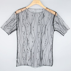 Summer 2017 fat MM code a gauze perspective shirt female long sleeved Lace Sexy mesh short sleeved shirt Fat MM show thin Oh ~! Short sleeve