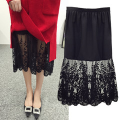 Autumn and winter 2017 new high waisted skirt lace backing ride skirt in the long section of Korean female gauze in petticoats S black