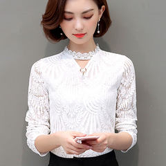 Autumn and winter women's new Korean models all-match small shirt collar long sleeved cashmere V with lace shirt jacket thickened 3XL White [thin section]