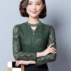 Autumn and winter women's new Korean models all-match small shirt collar long sleeved cashmere V with lace shirt jacket thickened 3XL Blackish green