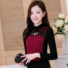 MS short shirt plus velvet 2016 winter decoration body long sleeved Lace Blouse Dress Size T-shirt thickening 3XL Wine red with cashmere thickening
