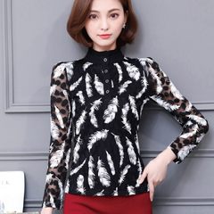With velvet lace shirt thickened female long sleeve jacket all-match warm in spring and autumn new slim lace shirt collar 3XL 8 flowers plus velvet