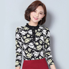 With velvet lace shirt thickened female long sleeve jacket all-match warm in spring and autumn new slim lace shirt collar 3XL 6 flowers plus velvet