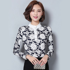 With velvet lace shirt thickened female long sleeve jacket all-match warm in spring and autumn new slim lace shirt collar 3XL 7 flowers plus velvet