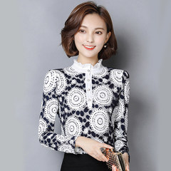 With velvet lace shirt thickened female long sleeve jacket all-match warm in spring and autumn new slim lace shirt collar 3XL 13 flowers plus velvet