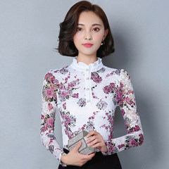 With velvet lace shirt thickened female long sleeve jacket all-match warm in spring and autumn new slim lace shirt collar 3XL 14 flowers plus velvet