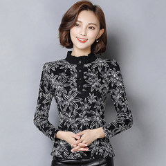 With velvet lace shirt thickened female long sleeve jacket all-match warm in spring and autumn new slim lace shirt collar 3XL 11 flowers plus velvet