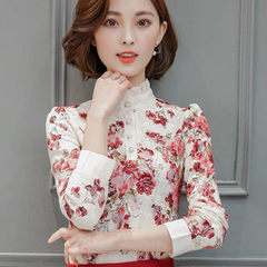 With velvet lace shirt thickened female long sleeve jacket all-match warm in spring and autumn new slim lace shirt collar 3XL Red velvet with yellow background