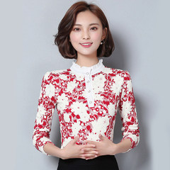 With velvet lace shirt thickened female long sleeve jacket all-match warm in spring and autumn new slim lace shirt collar 3XL 1 flowers plus velvet
