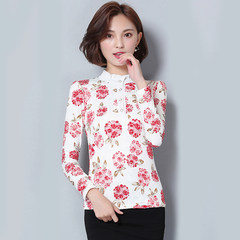 With velvet lace shirt thickened female long sleeve jacket all-match warm in spring and autumn new slim lace shirt collar 3XL 2 flowers plus velvet