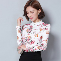 With velvet lace shirt thickened female long sleeve jacket all-match warm in spring and autumn new slim lace shirt collar 3XL 4 flowers plus velvet