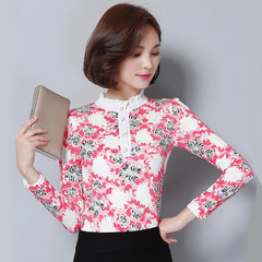 With velvet lace shirt thickened female long sleeve jacket all-match warm in spring and autumn new slim lace shirt collar 3XL 5 flowers plus velvet