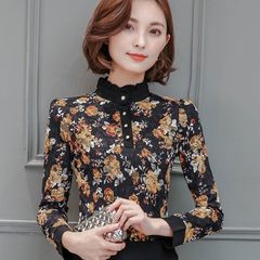 With velvet lace shirt thickened female long sleeve jacket all-match warm in spring and autumn new slim lace shirt collar 3XL Black velvet