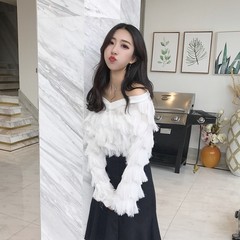 Autumn fashion new Korean version, Fashion Chiffon stitching temperament, Maomao tassels V collar loose show thin Lantern Sleeve Blouse F white