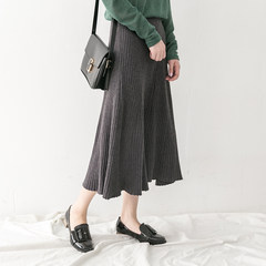 Shallow rutting / high waisted skirt female art RETRO Knitted Winter skirt was thin in the long skirt F gray