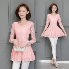 In the autumn of 2017 large size women in the long sleeved flounced skirt waist coat female Lace Chiffon shirt shirt M 90-100 37 Pink