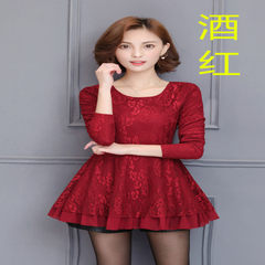 In the autumn of 2017 large size women in the long sleeved flounced skirt waist coat female Lace Chiffon shirt shirt M 90-100 37 wine red