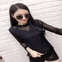 Jacobs sexy lace T-shirt shirt sleeve autumn hollow female all-match bright silk collar long sleeved shirt slim wave M silvery