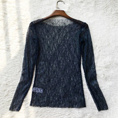 Han Guodong gates purchasing take the elastic lace thin long sleeved turtleneck collar shirt sweater on half S Midnight blue — — round neck