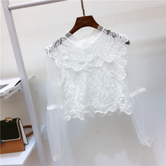 Fall fashion female Korean crochet lace shirt collar hollow gauze Lantern Sleeve perspective solid coat all-match tide F white
