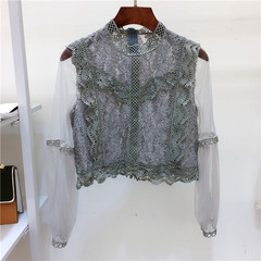 Fall fashion female Korean crochet lace shirt collar hollow gauze Lantern Sleeve perspective solid coat all-match tide F gray