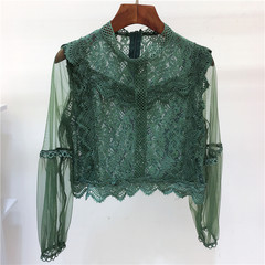 Fall fashion female Korean crochet lace shirt collar hollow gauze Lantern Sleeve perspective solid coat all-match tide F green