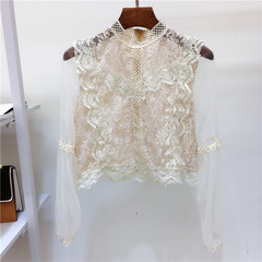 Fall fashion female Korean crochet lace shirt collar hollow gauze Lantern Sleeve perspective solid coat all-match tide F Apricot